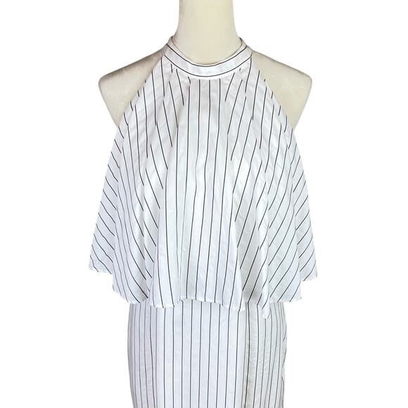 C/MEO Collective White Pinstripe Sleeveless Halter Side Slit Maxi Formal Dress - Picture 4 of 11